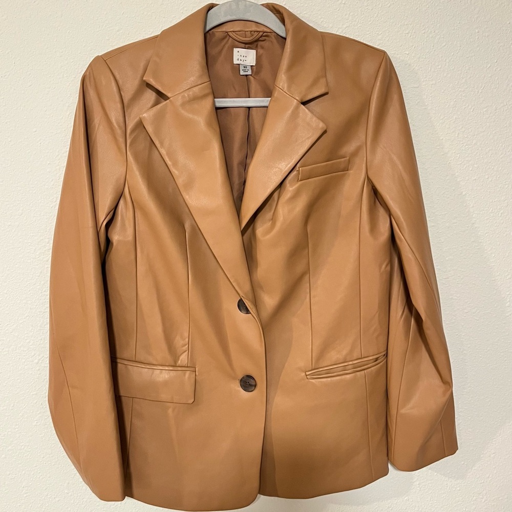 Faux “leather” blazer jacket. Soft, comfortable. Tannish brown. Women’s size XS.